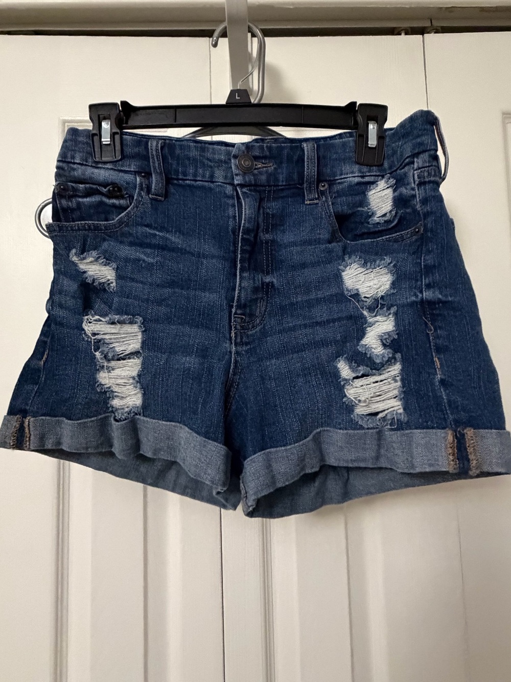Aeropostale Dark Blue Distressed Rolled Hem Jean Shorts